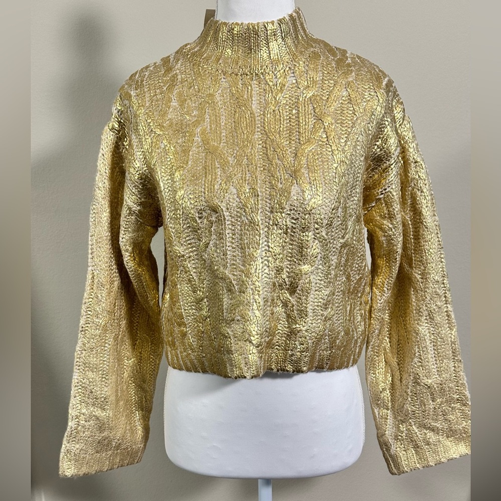 Zara Metallic Gold Cable Knit Sweater